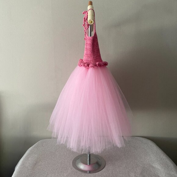 Handmade Children's Cotton Dark Pink Light Pink Tulle Tutu Dress - Picture 3 of 14